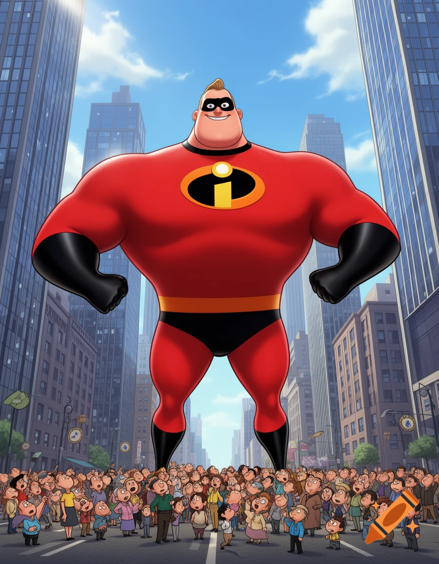Cartoon illustration of a giant Mr. Incredible with an overinflated body standing in a city street, with a crowd looking up.