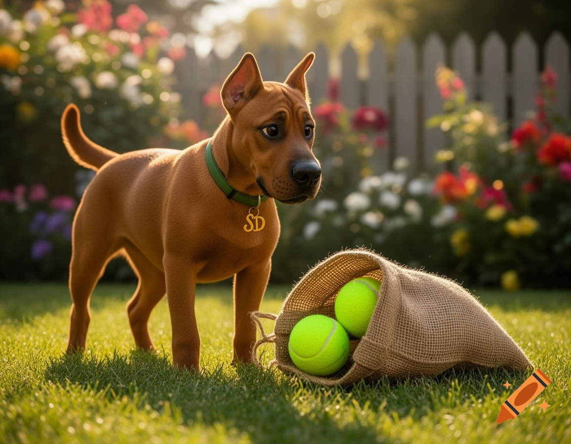A brown dog resembling Scooby-Doo with an SD tag on its collar looks at two tennis balls in a sack in a sunny garden.