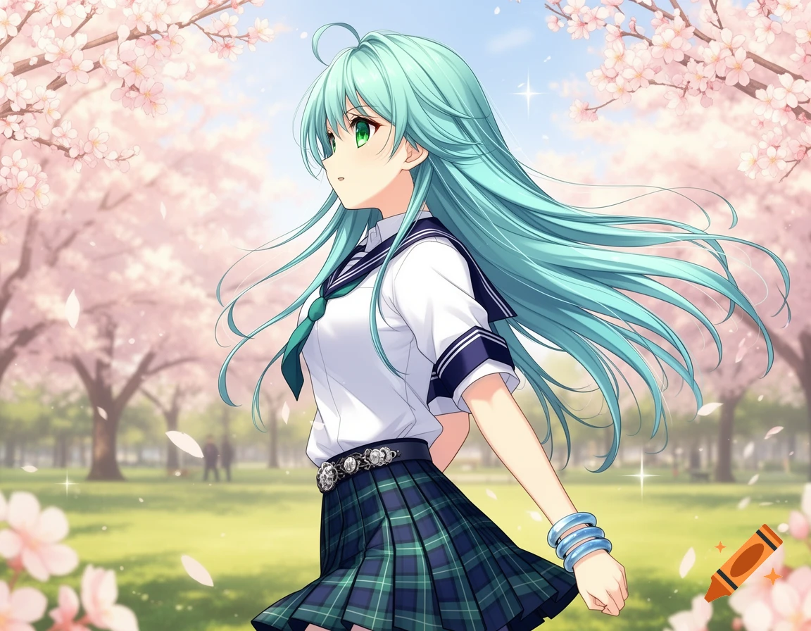 Anime girl with long teal hair in a school uniform stands in a park with pink cherry blossoms.
