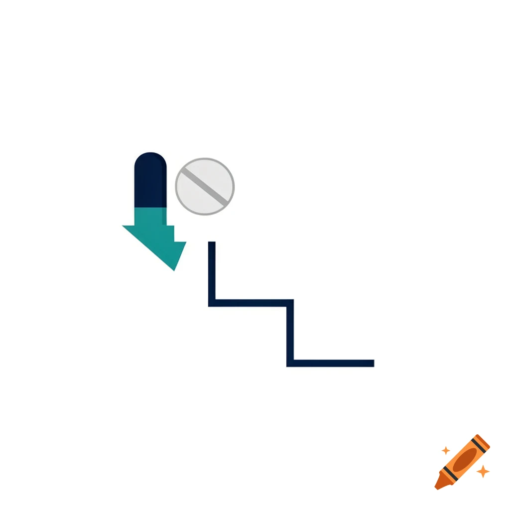 A minimalist medical symbol featuring a blue and teal capsule, a downward arrow, a gray prohibition sign, and an incomplete stepped pathway on a white background.