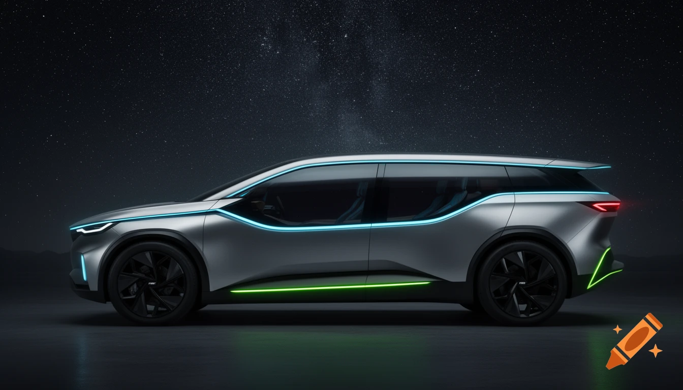 Sleek silver futuristic minivan with glowing blue and green LED accents under a starry night sky.