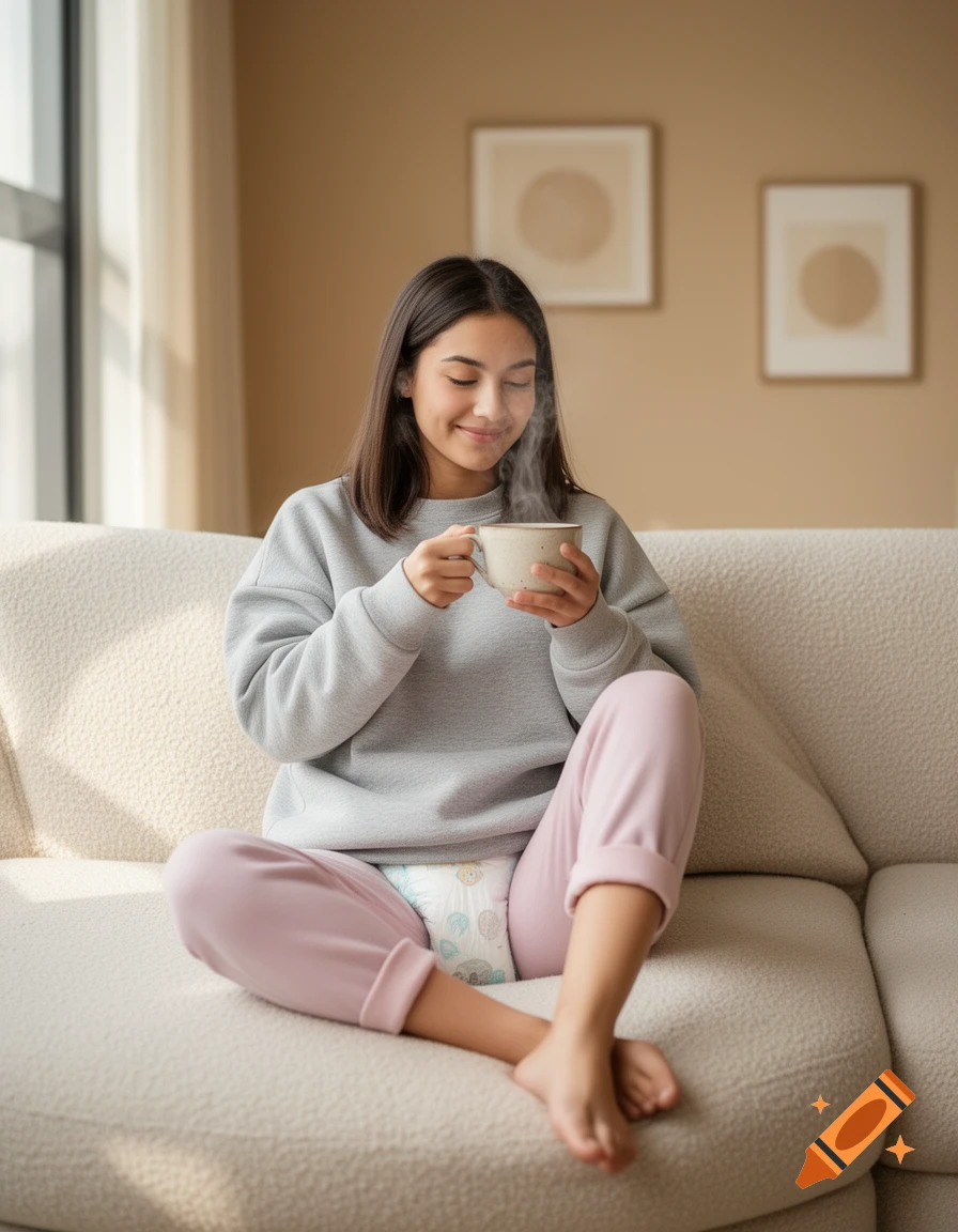 A young woman in a grey sweatshirt and pink pants sits on a sofa, smiling and holding a steaming mug, with a diaper visible.