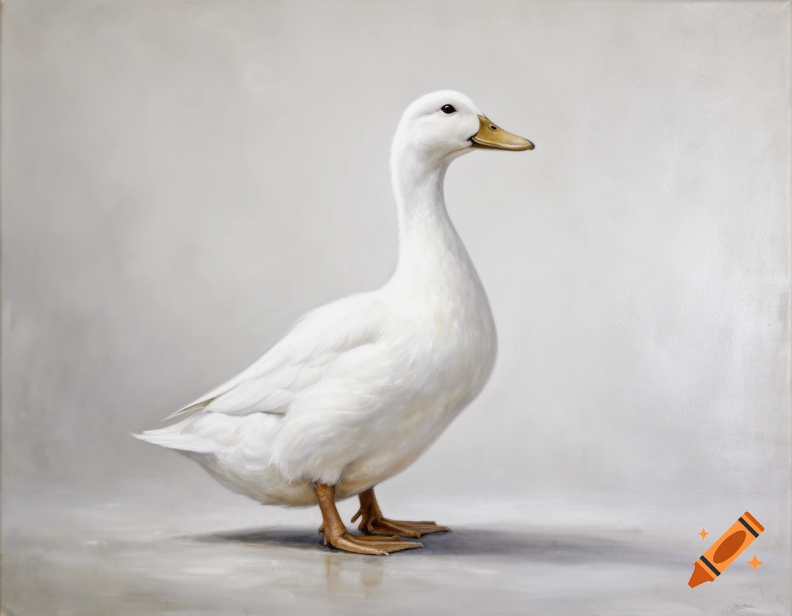 Realistic acrylic painting of a white duck standing on a simple light grey background.