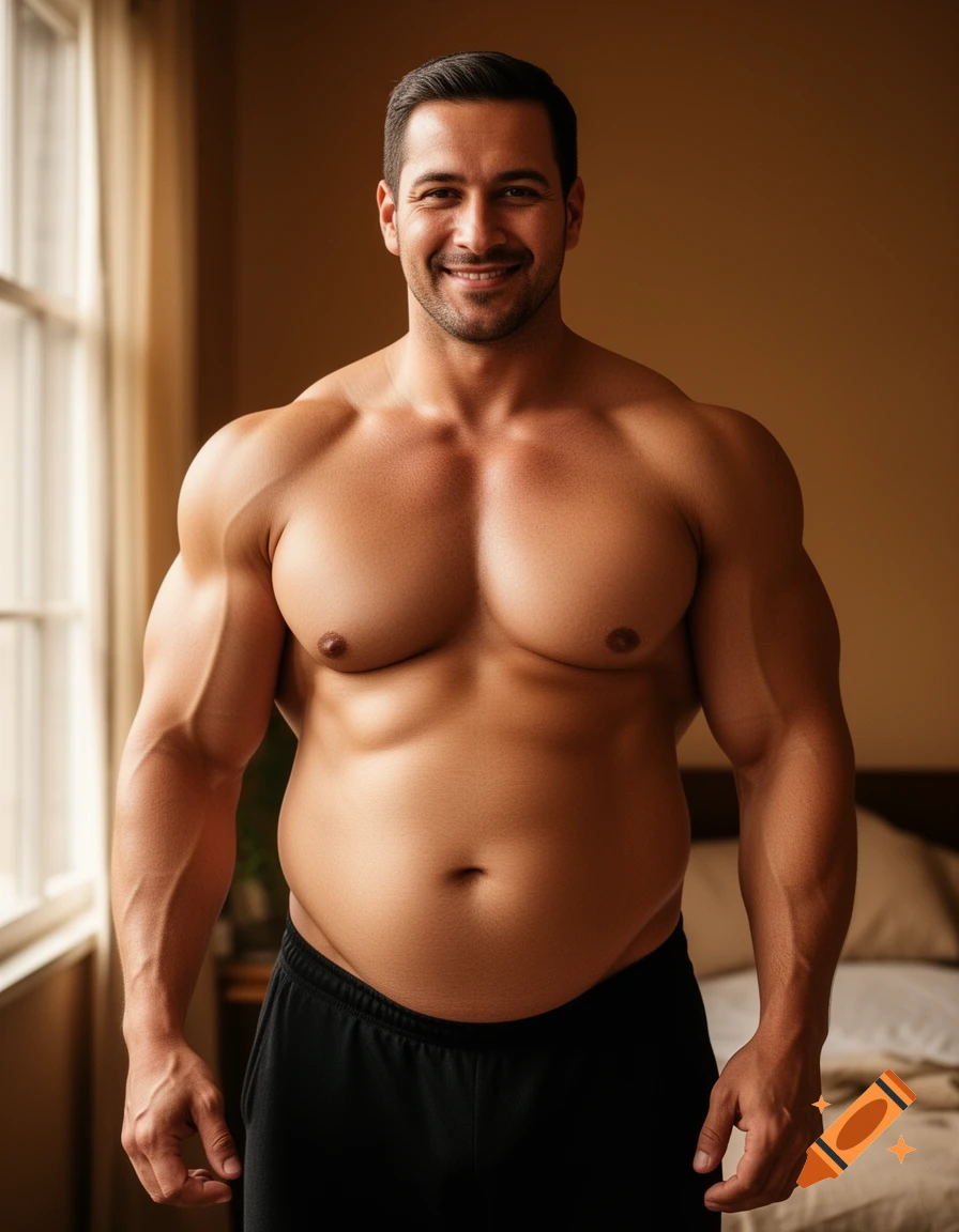 A smiling, muscular man with a soft belly stands shirtless, wearing black shorts in a room with a window.