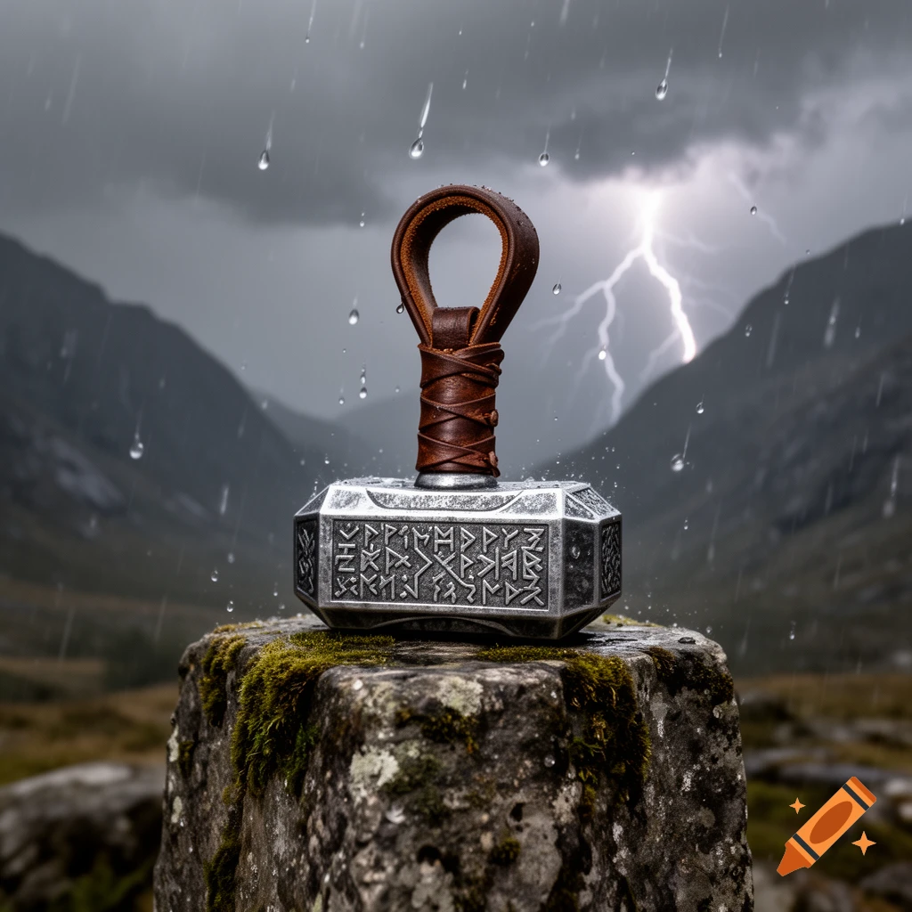 Photorealistic Mjölnir hammer with runic inscriptions on a mossy rock in a stormy, mountainous landscape with rain and lightning.