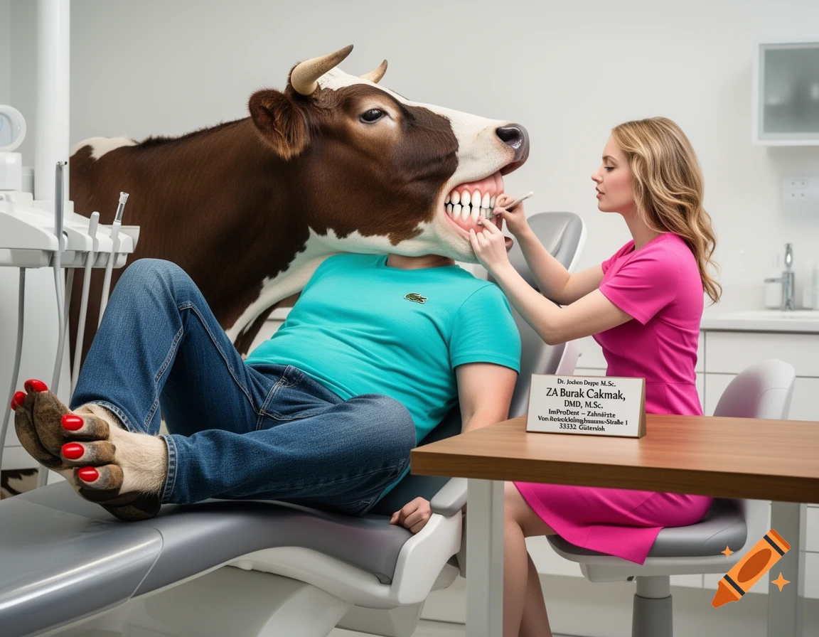 A surreal image of a person with a cow head and cow feet wearing jeans and a t-shirt, lying in a dental chair while a dentist cleans their human-like teeth.
