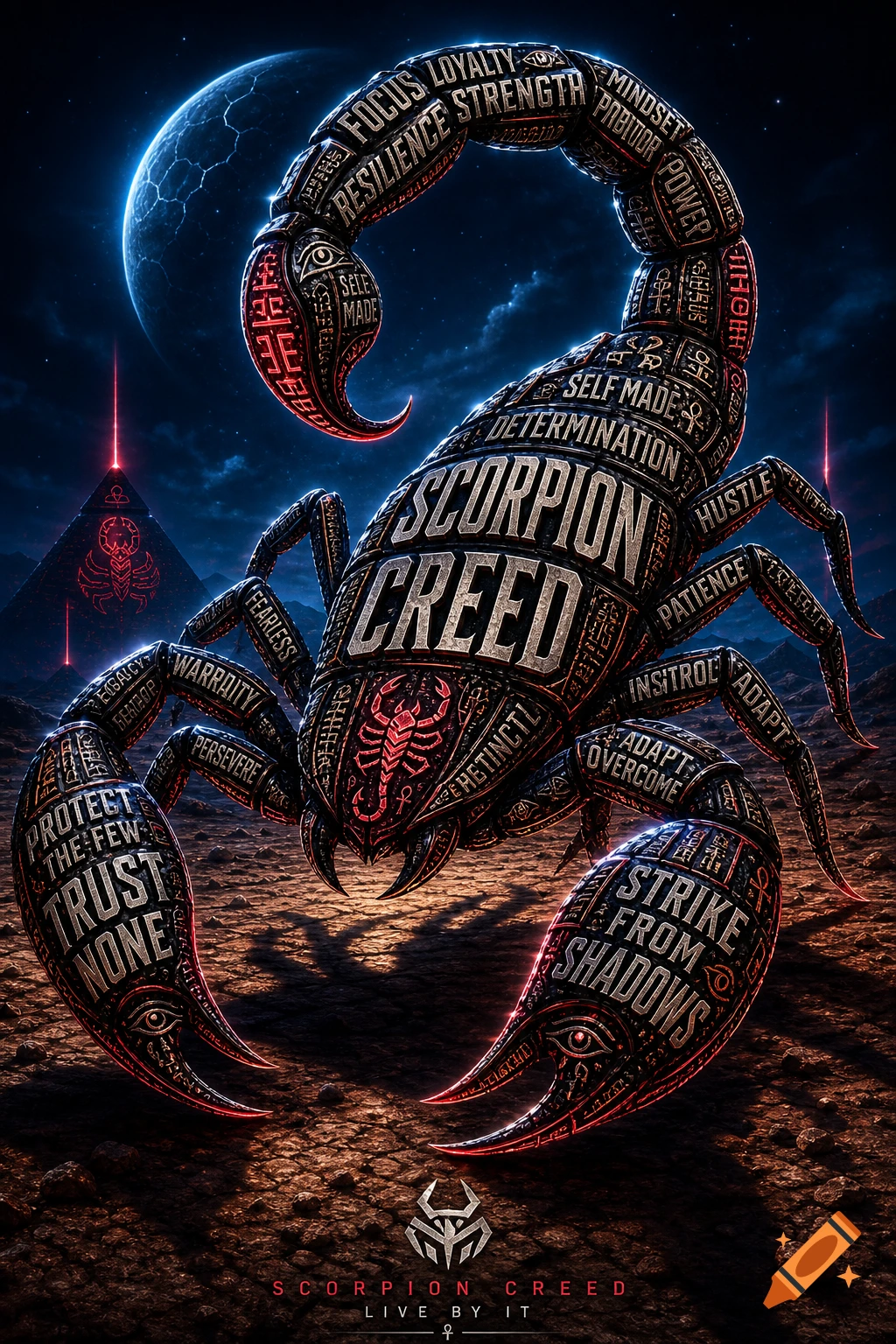 A stylized scorpion silhouette made of words like "SCORPION CREED," "FOCUS," and "STRENGTH," glowing with red accents against a dark, desert landscape with a large blue moon and pyramids.