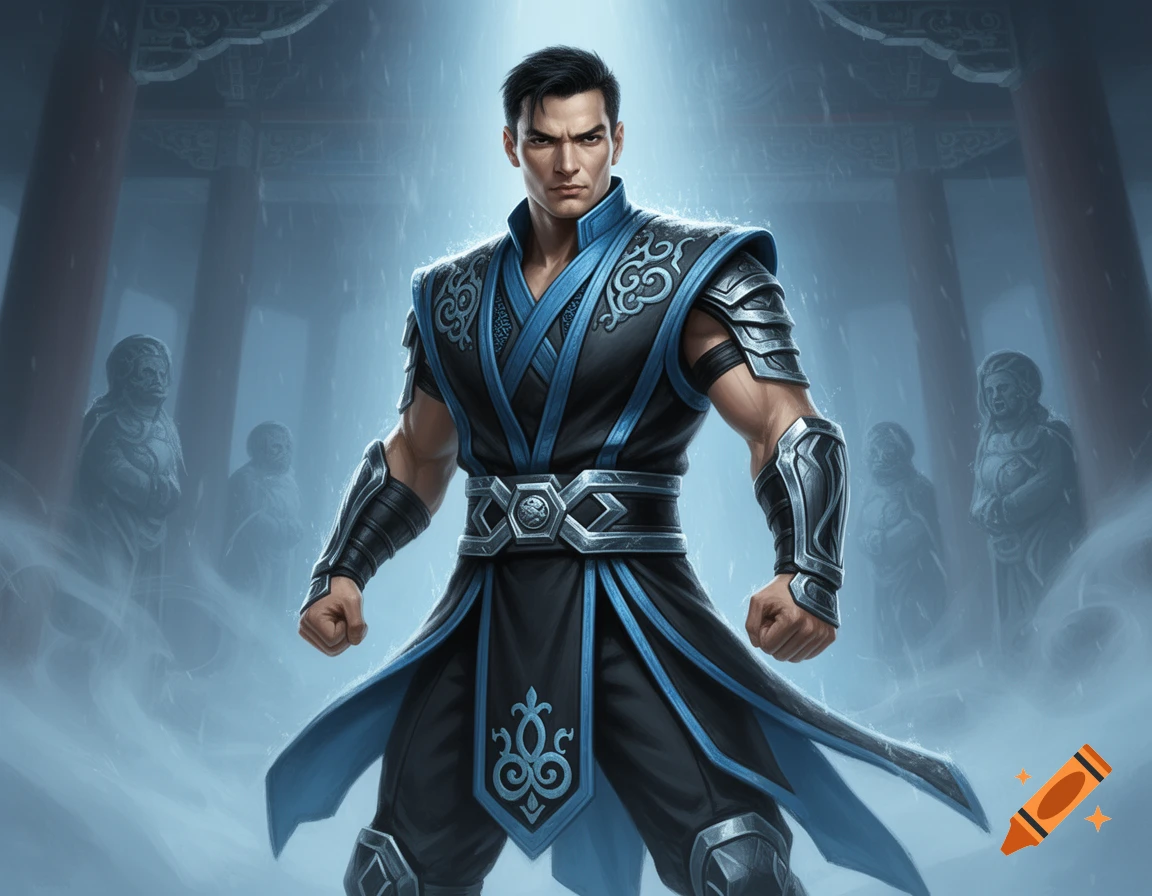 A formidable martial artist in black and blue Lin Kuei attire stands in a rainy temple.