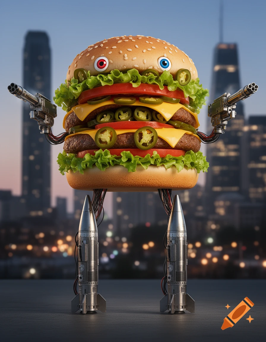 A photorealistic burger character with googly eyes, mini-guns for arms, and missile legs, stands against a city skyline at dusk.