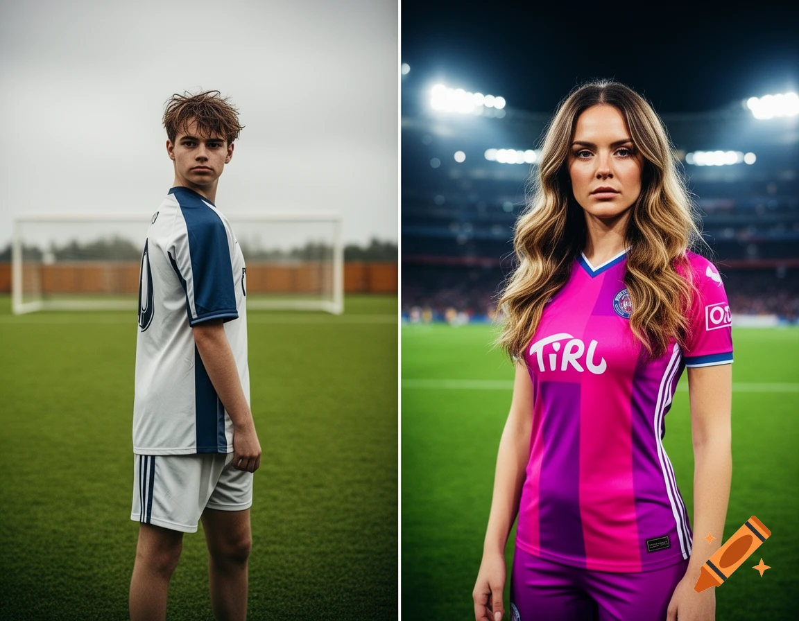 A split image shows a young man in a white soccer uniform on a field, and a woman in a pink soccer uniform in a stadium.