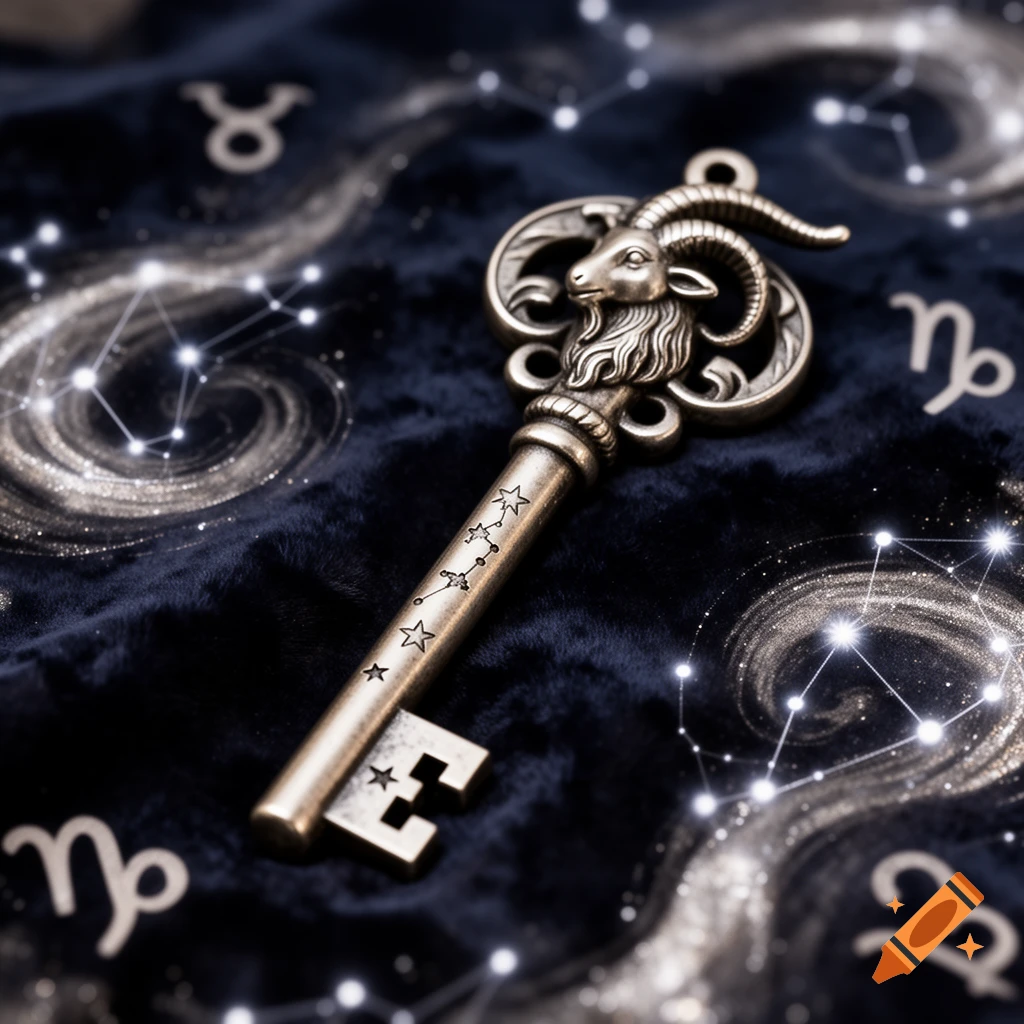 A bronze key featuring a Capricorn goat head and star constellations, resting on dark blue velvet with glowing zodiac symbols.