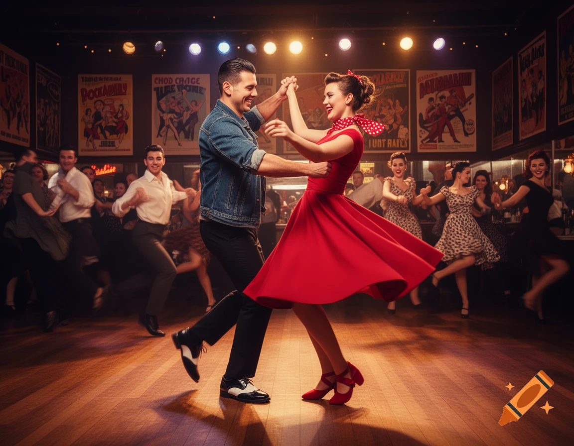 A couple in retro outfits dances rockabilly style in a lively club with other dancers and vintage posters.