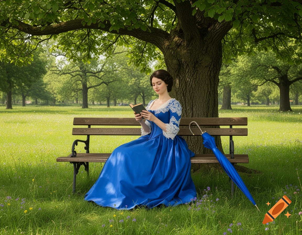 A woman in a blue Biedermeier dress reads a book on a park bench under a tree, a blue umbrella leaning beside her. Photorealistic.