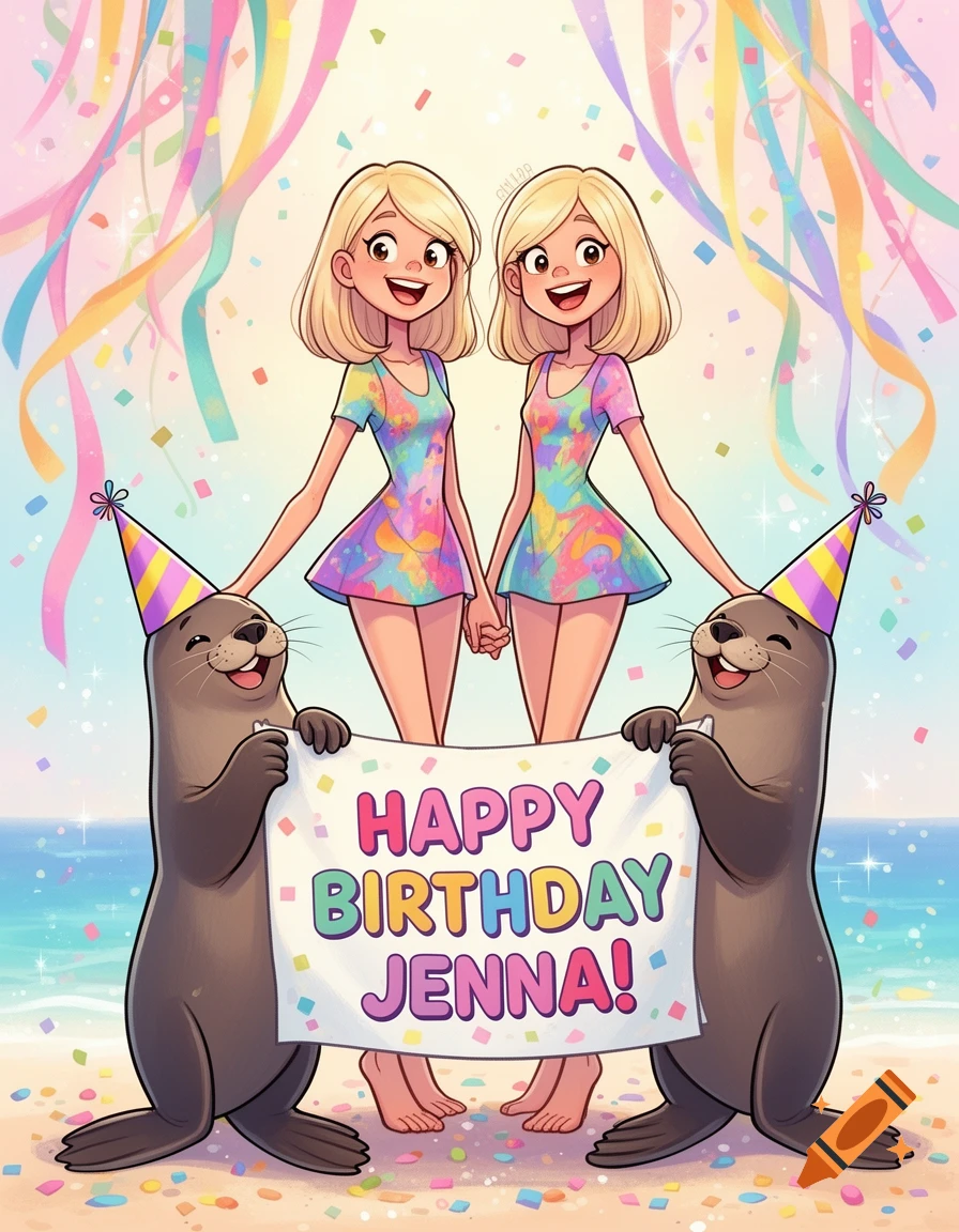 Cartoon blonde twin girls and sea lions in party hats hold a 'Happy Birthday Jenna!' banner on a confetti-strewn beach.
