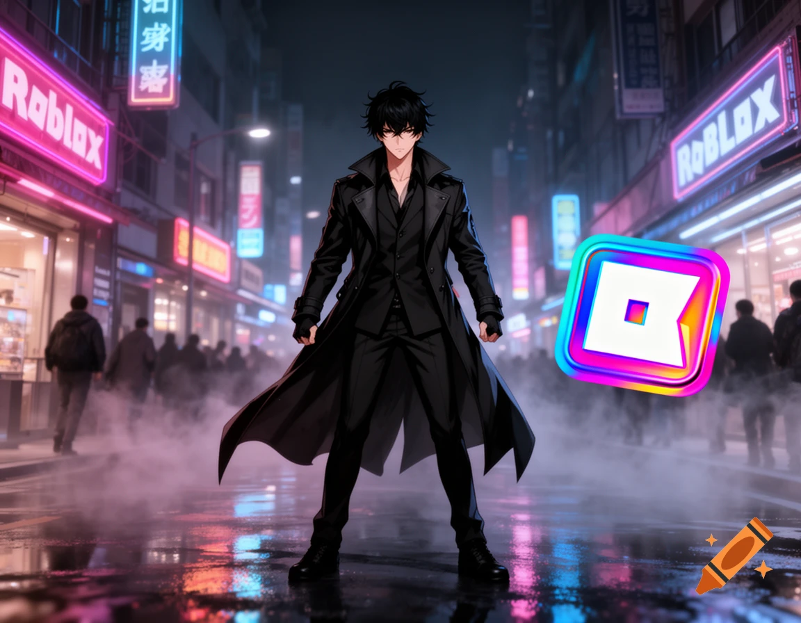 Anime character Sung Jinwoo in a black trench coat stands on a wet, neon-lit city street at night, with a Roblox logo.