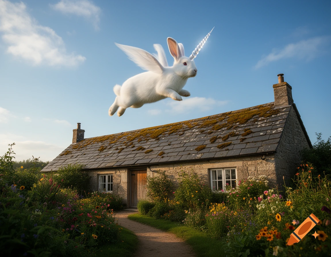 A white unicorn rabbit with wings flies over a mossy-roofed stone cottage surrounded by a colorful flower garden under a blue sky.