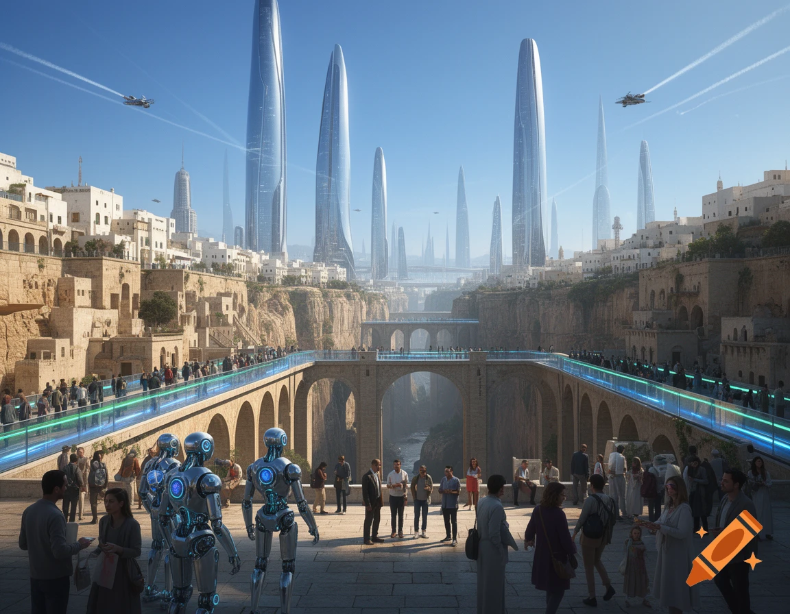 A futuristic city with towering skyscrapers, ancient buildings, people and robots on bridges, and flying vehicles in a clear blue sky.