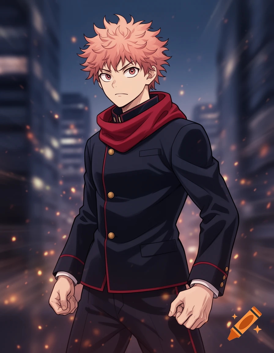 Anime-style young man with spiky pink hair and red eyes, wearing a dark uniform and red scarf, standing with clenched fists against a blurred city background.