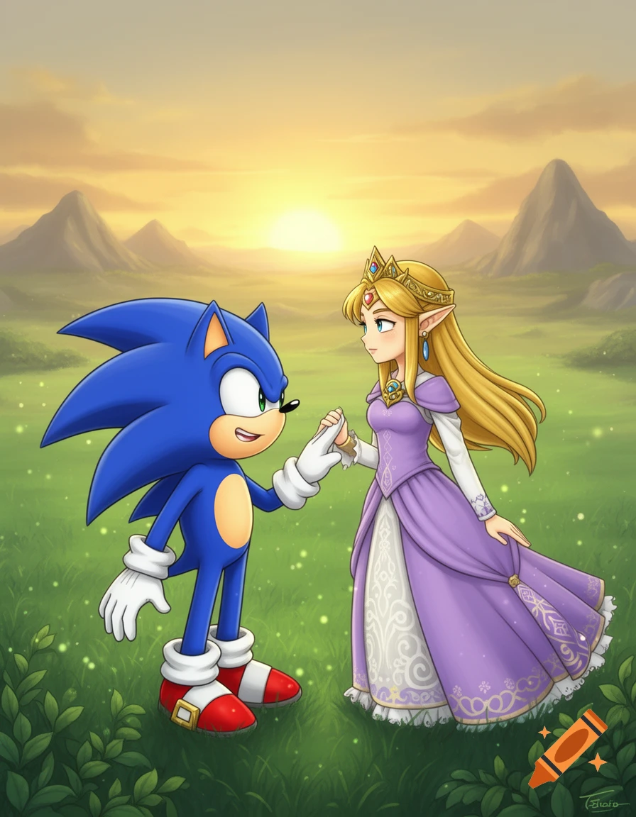 Sonic the Hedgehog and Princess Zelda holding hands in a field with mountains and a sunset, drawn in an anime style.