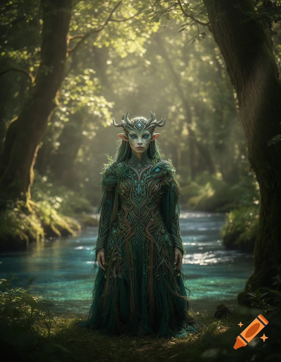 Photorealistic fantasy of a horned elf-like creature in intricate green attire, with green hair, by a blue river in a misty forest.