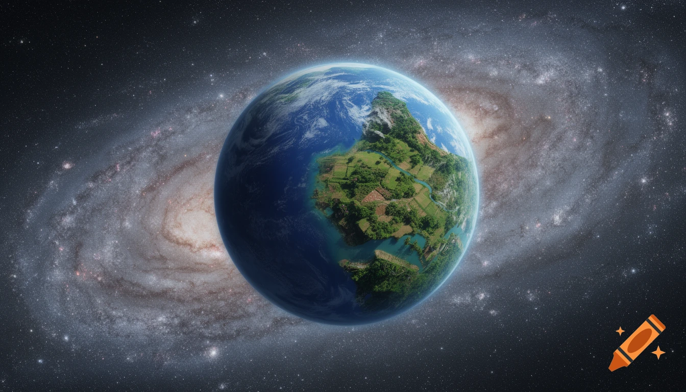 Photorealistic Earth with lush green continents, orbiting in deep space before a spiral galaxy.