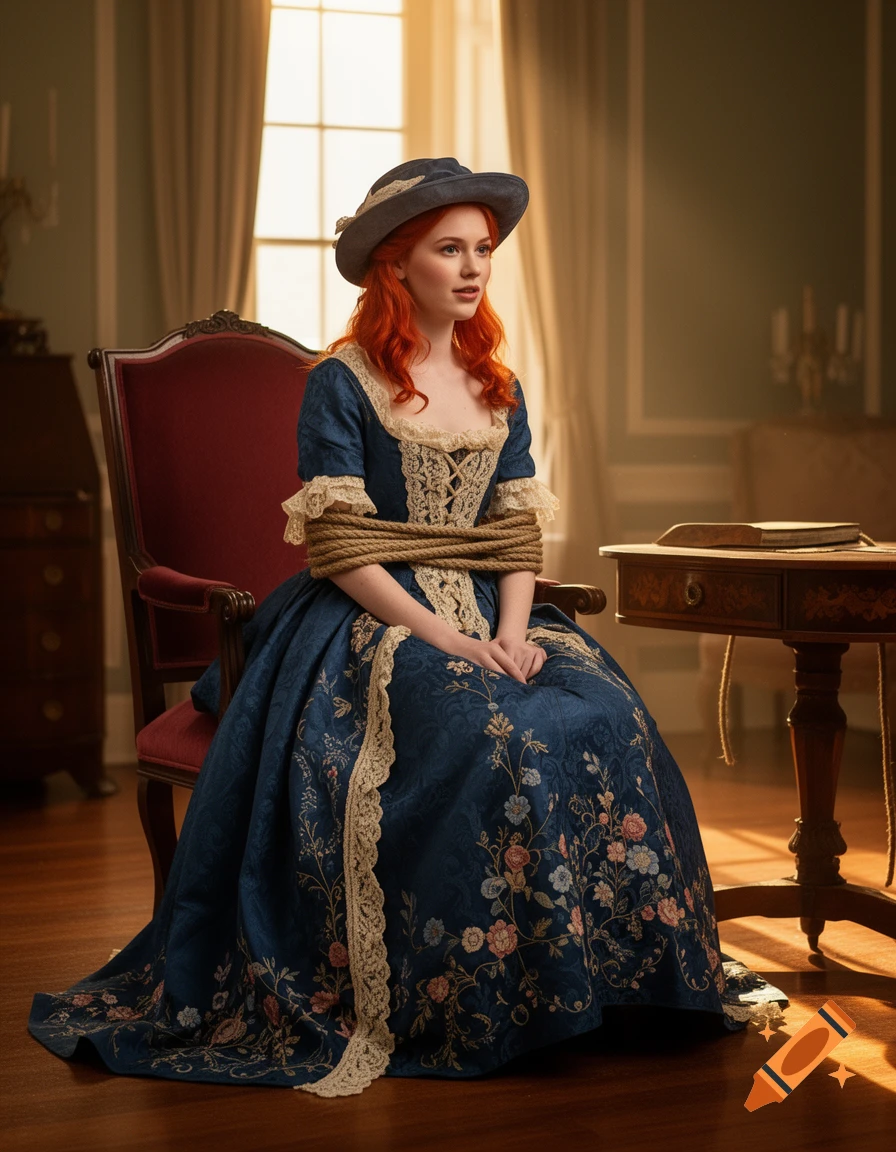 Photorealistic portrait of a red-haired woman in a blue 1760s gown and hat, calmly sitting tied with rope in a colonial parlor.