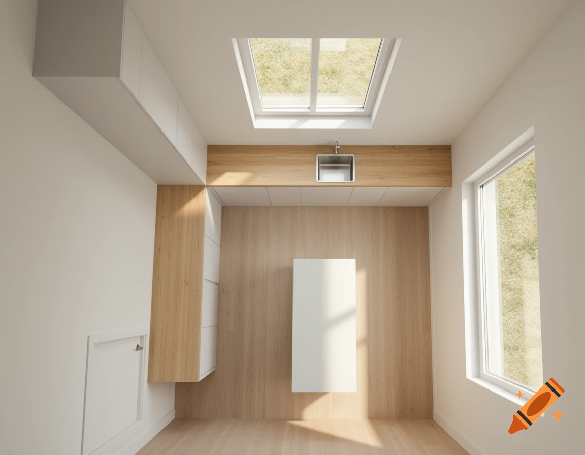 Aerial view of a modern Scandinavian-style kitchen with wooden floors, white cabinets, a skylight, and a central island.