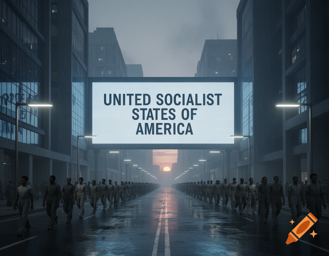 A dystopian city street with a large billboard displaying 'UNITED SOCIALIST STATES OF AMERICA' above rows of people walking.