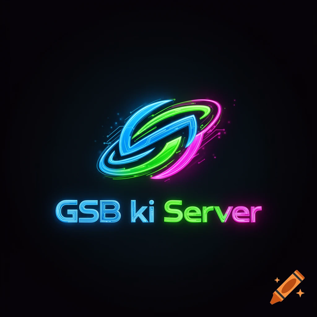 Neon blue, green, and pink abstract logo above 'GSB ki Server' text on a black background.