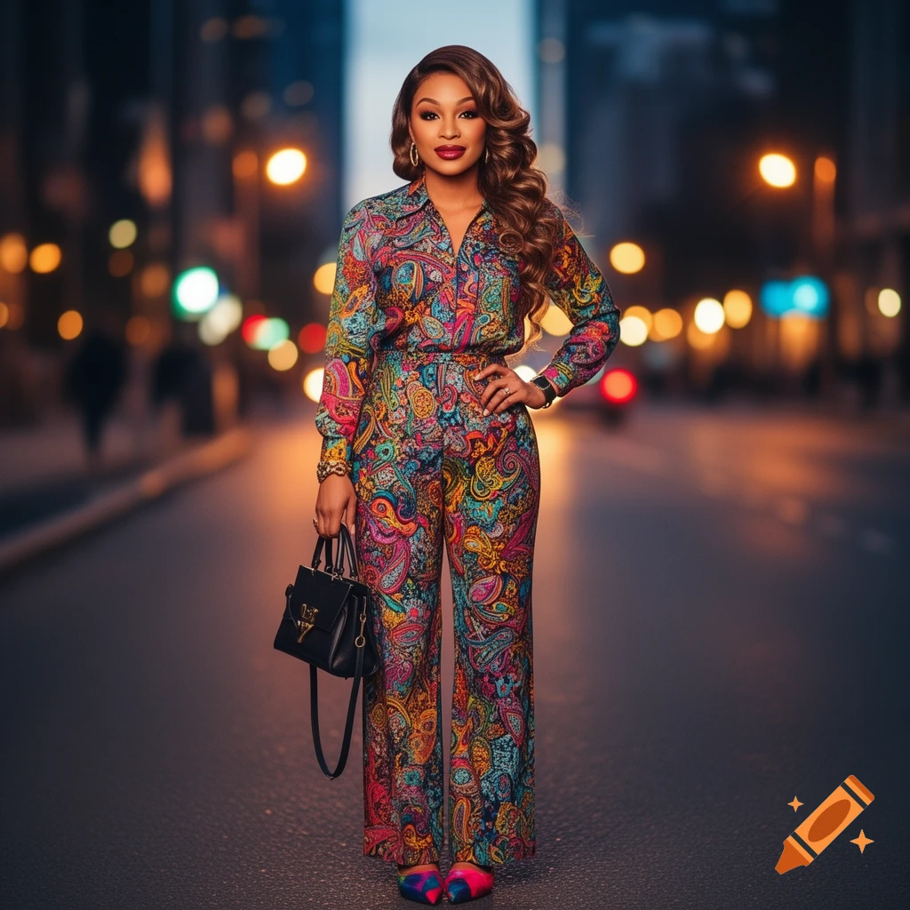 A photorealistic full-body shot of a woman in a vibrant paisley jumpsuit and colorful shoes, holding a black handbag, standing on a city street at night with blurred lights in the background.