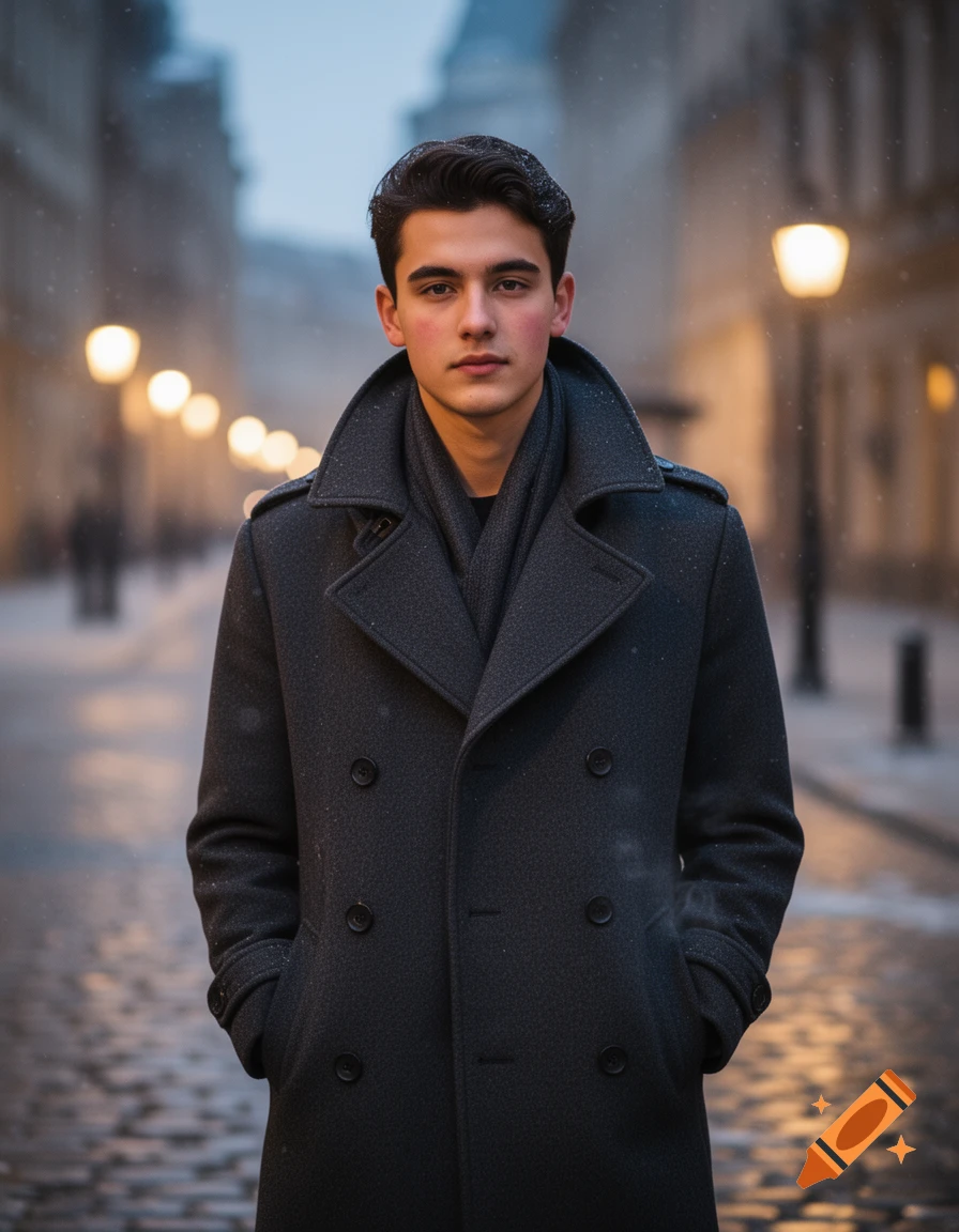 Photorealistic portrait of a young man in a dark peacoat on a wet city street with blurred lights and falling snow.
