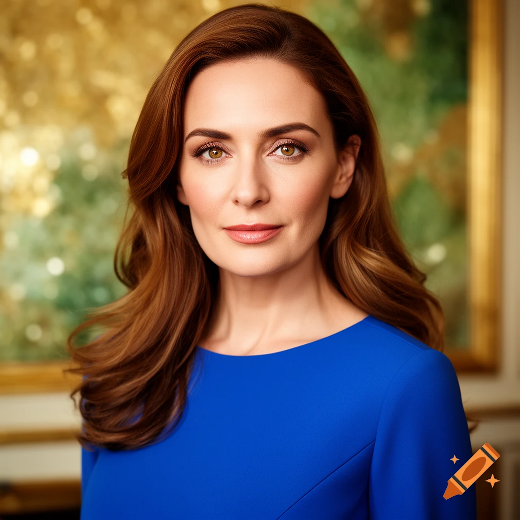 Photorealistic portrait of a woman with long brown hair, wearing a royal blue dress, against a blurred gold and green background.