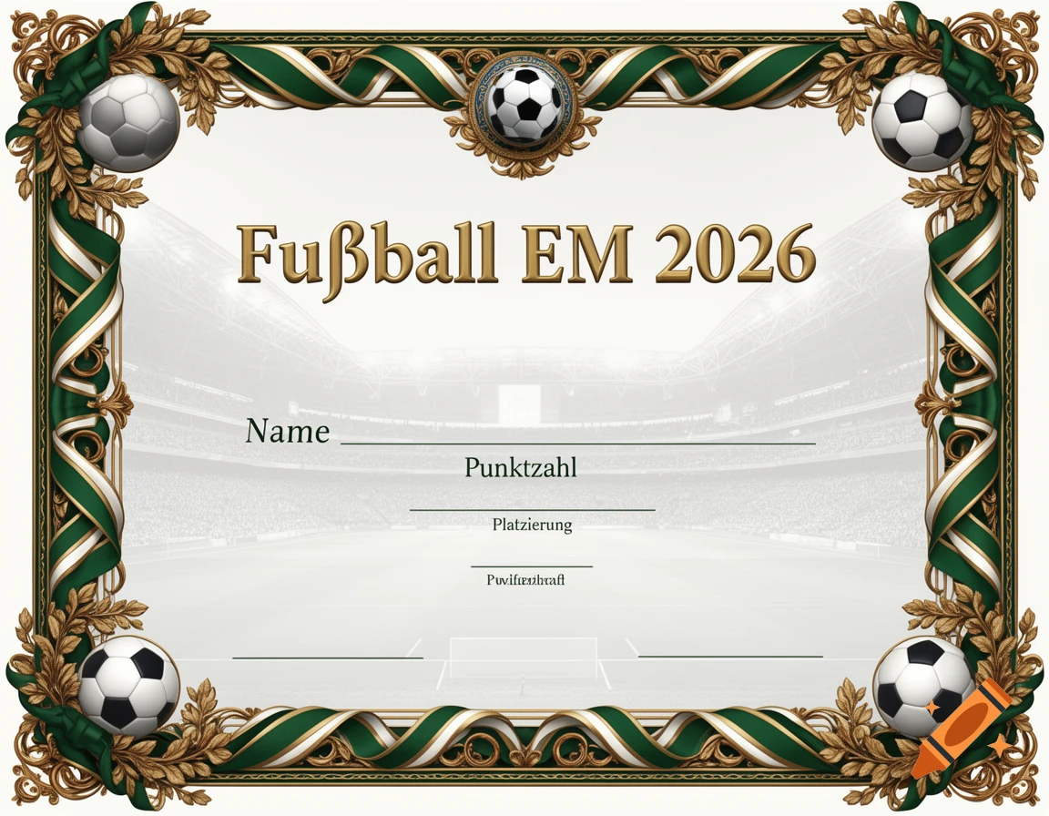 A decorative certificate for "Fußball EM 2026" (Soccer European Championship 2026) with green and gold ornate borders, soccer balls, and text fields for Name, Punktzahl, and Platzierung.
