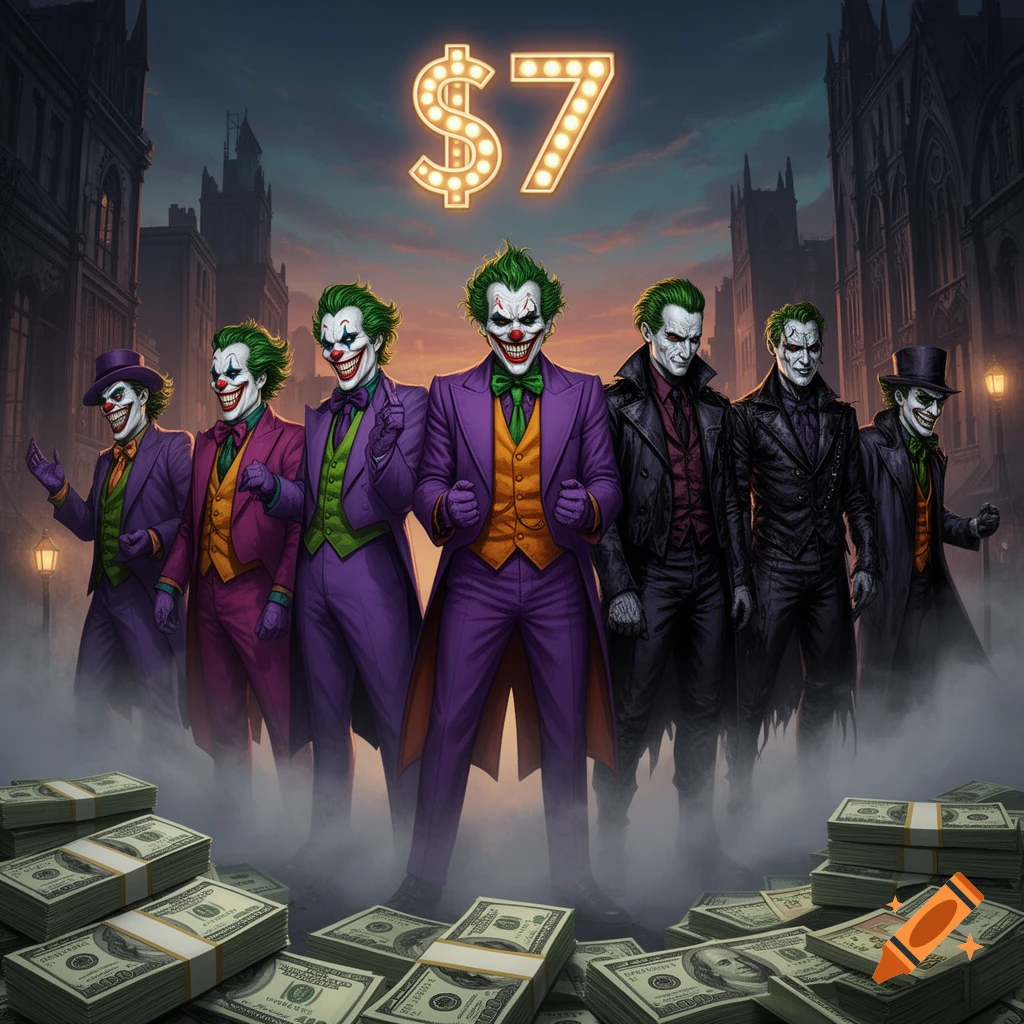 Six Jokers from Batman mythology in various styles stand in a dark, Gothic city with piles of US cash, under a glowing $7 sign.
