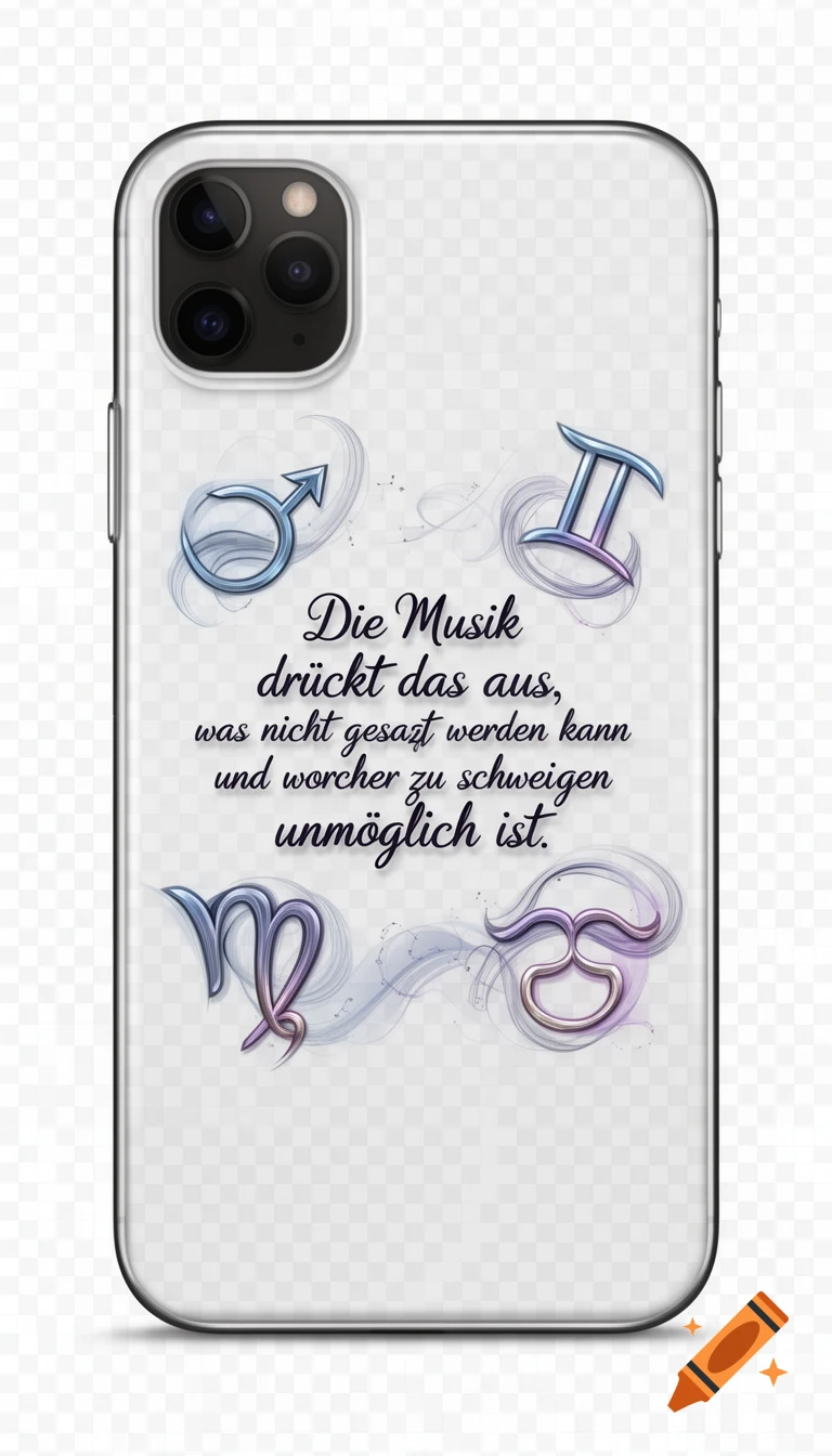 A clear iPhone case featuring a German quote about music, surrounded by stylized zodiac signs (Mars/male, Gemini, Virgo, Taurus) in blue and purple.