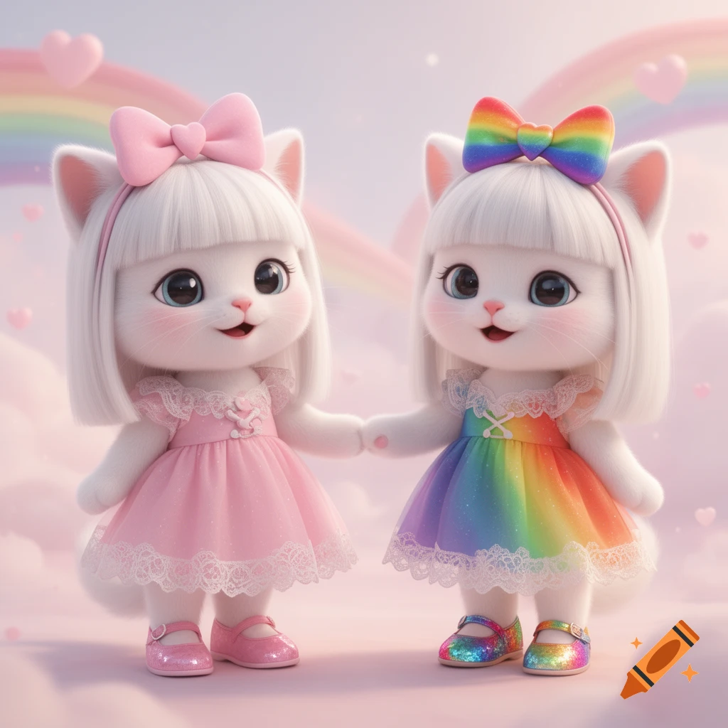 Two cute 3D cartoon kitten girls, one in a pink dress and the other in a rainbow dress, holding hands against a pastel background with rainbows and hearts.