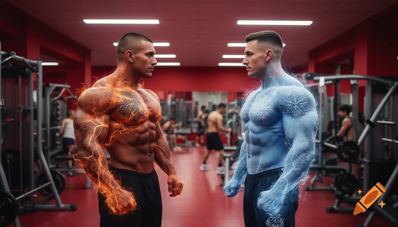 Two muscular bodybuilders, one with fire and one with ice effects, face off in a red gym.