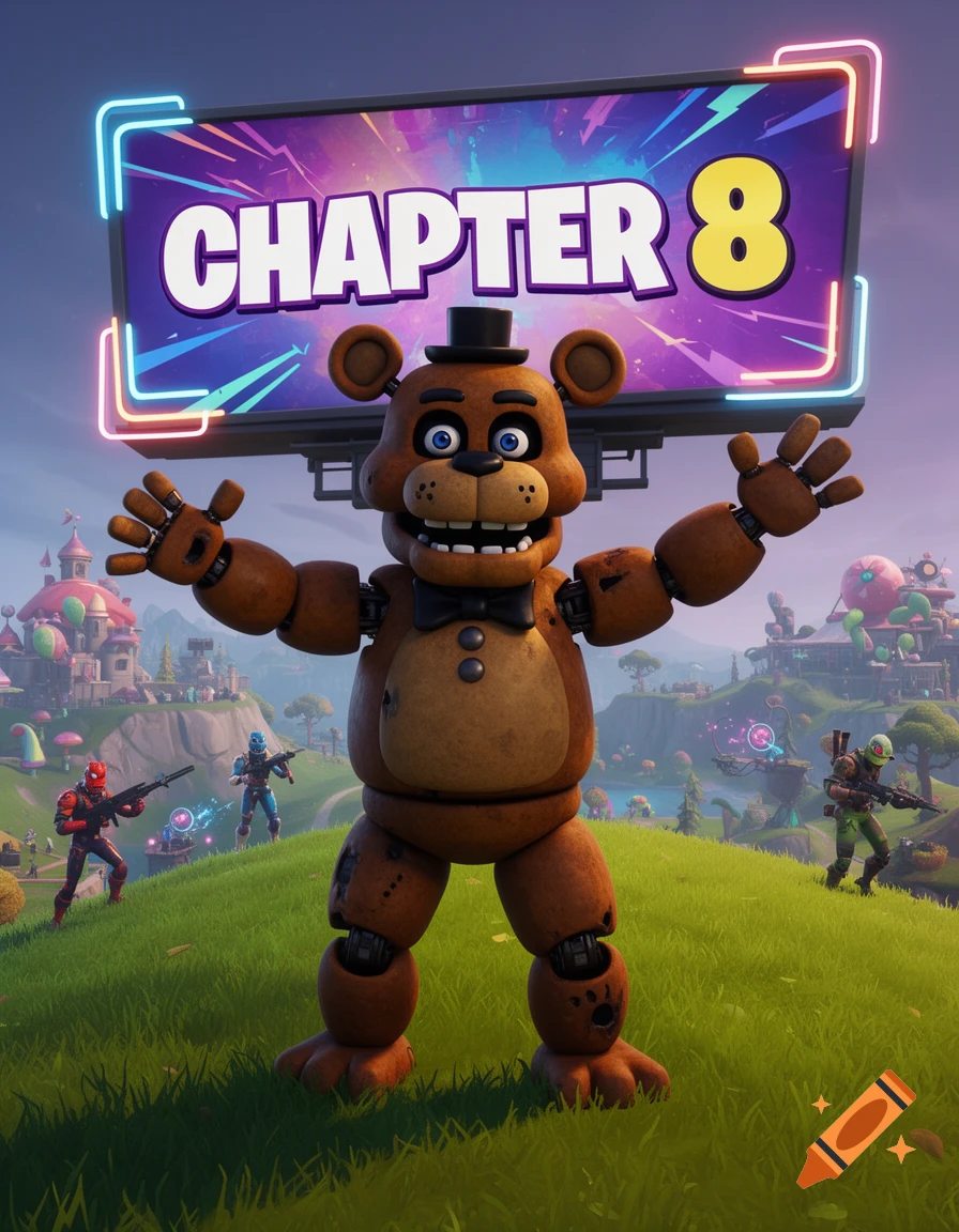 Freddy Fazbear in a Fortnite landscape, holding up his arms under a neon billboard displaying 'CHAPTER 8', with other Fortnite characters in the background.