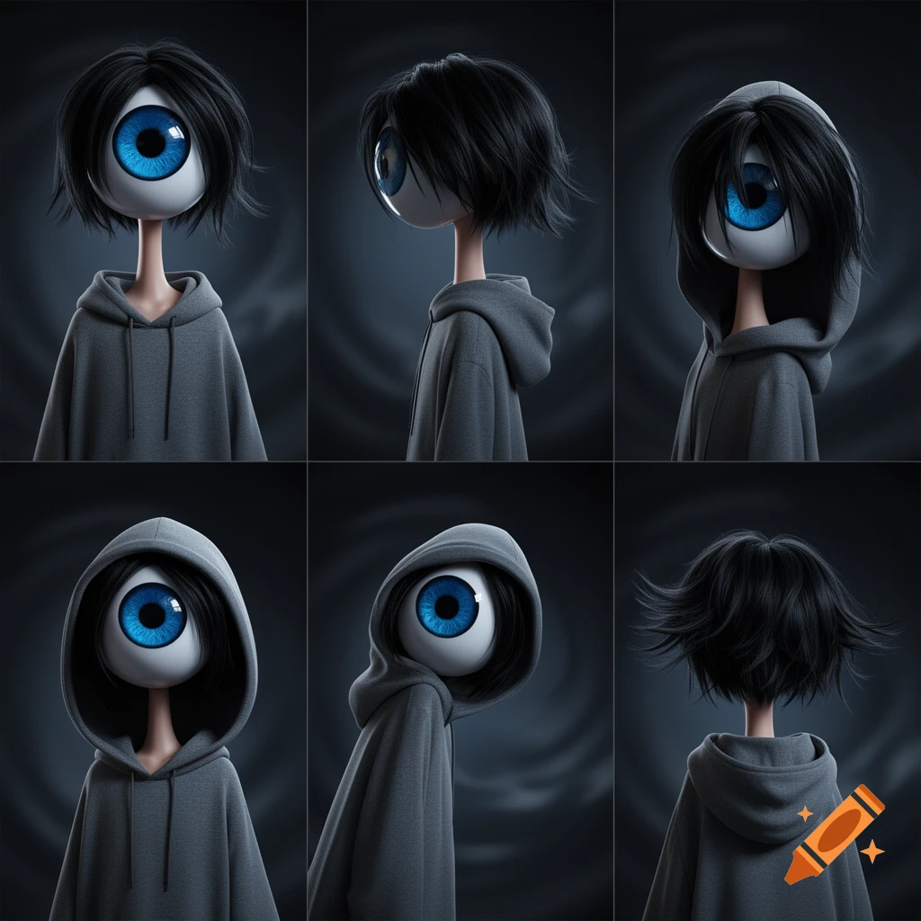 Six 3D rendered perspectives of a cartoon character with an eyeball for a head, black hair, and a grey hoodie.