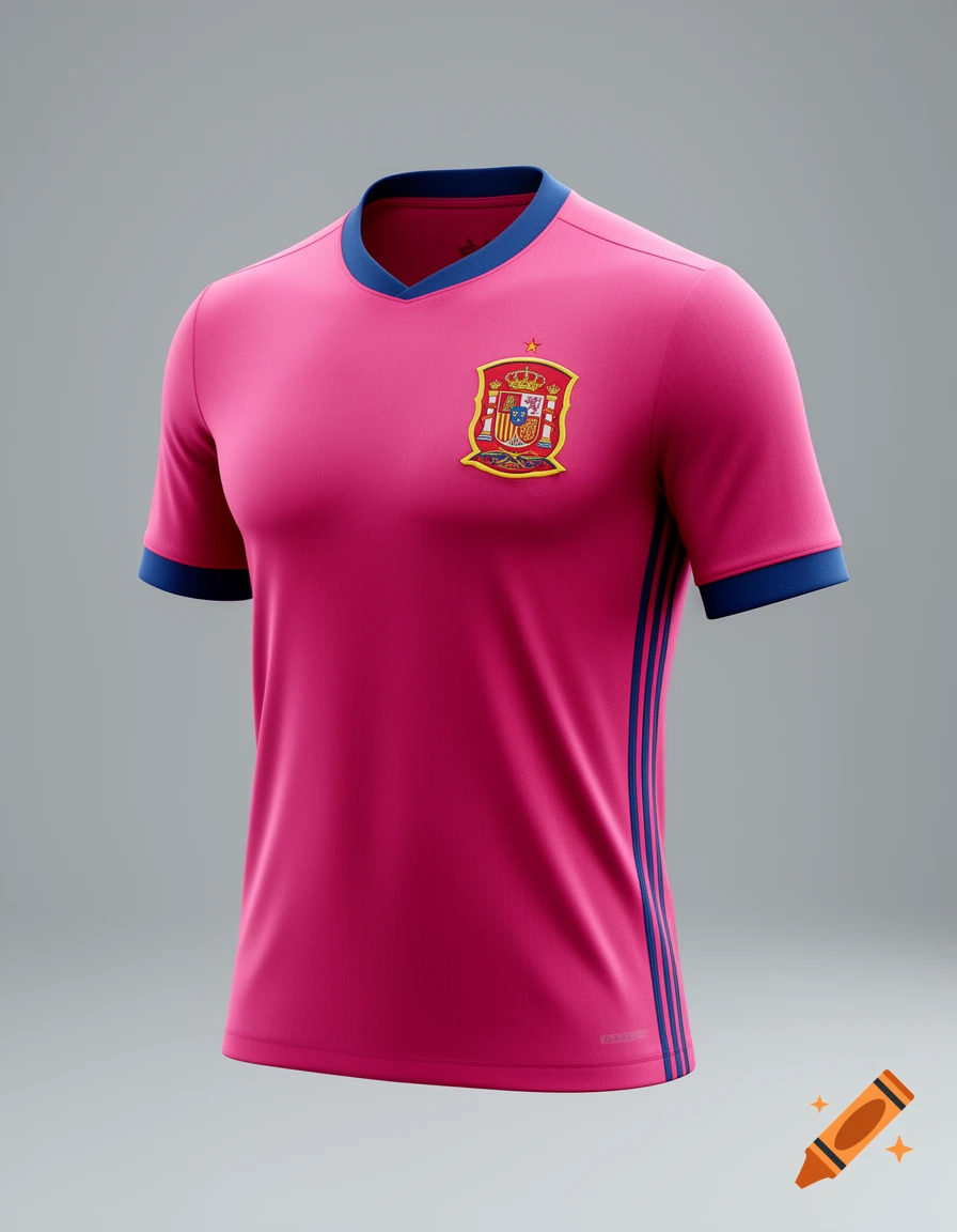 A vibrant pink Spanish national soccer jersey with a V-neck, blue trim on the collar and sleeves, and the Spanish coat of arms on the chest.