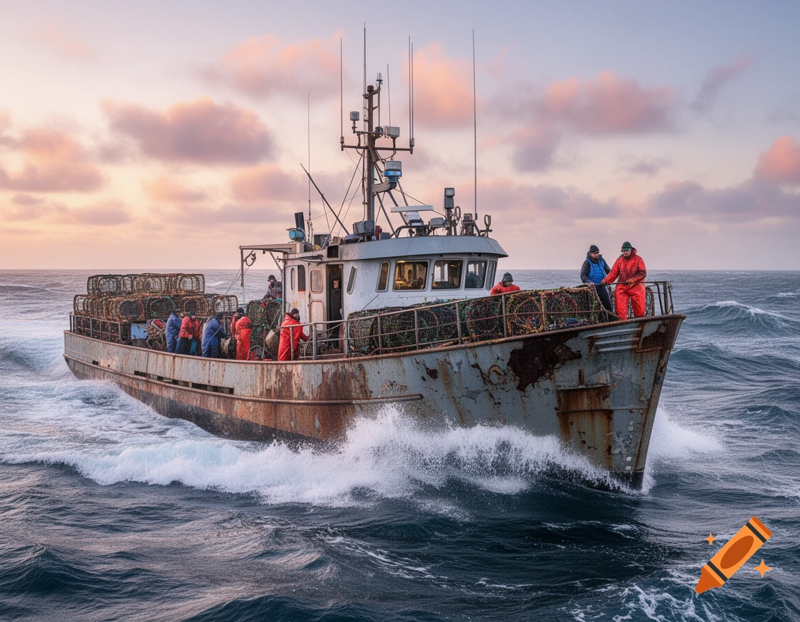 A fishing boat with crew members on a rough sea under a cloudy sky at sunset.