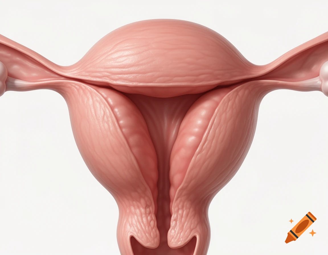 A 3D rendering of the human uterus, fallopian tubes, and ovaries against a white background.