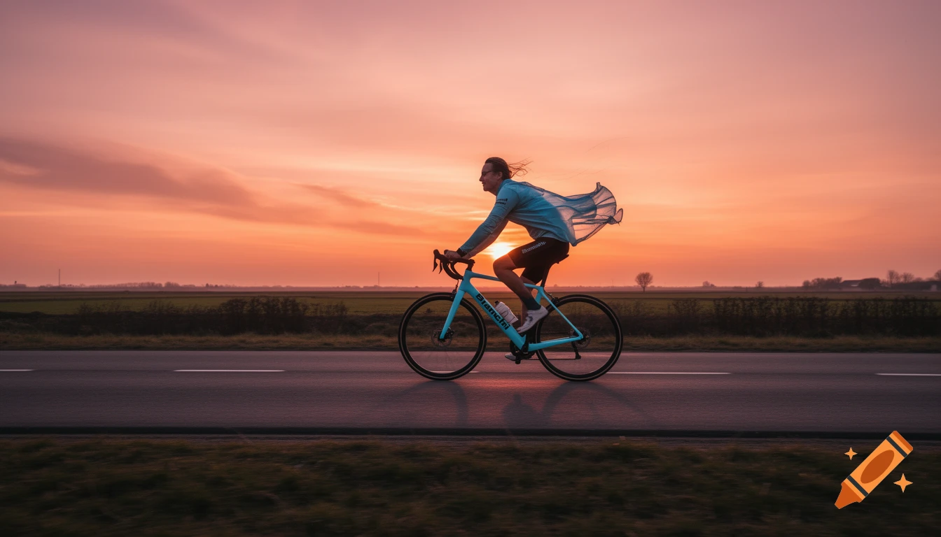 A lone cyclist on a light blue road bike speeds along a rural road at sunset, with a vibrant orange sky.