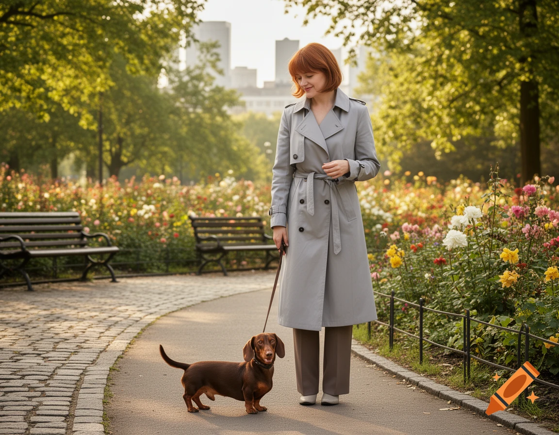 A woman in a grey trench coat walks a brown dachshund on a leash on a park path, surrounded by colorful flowers and green trees, with city buildings in the distance.