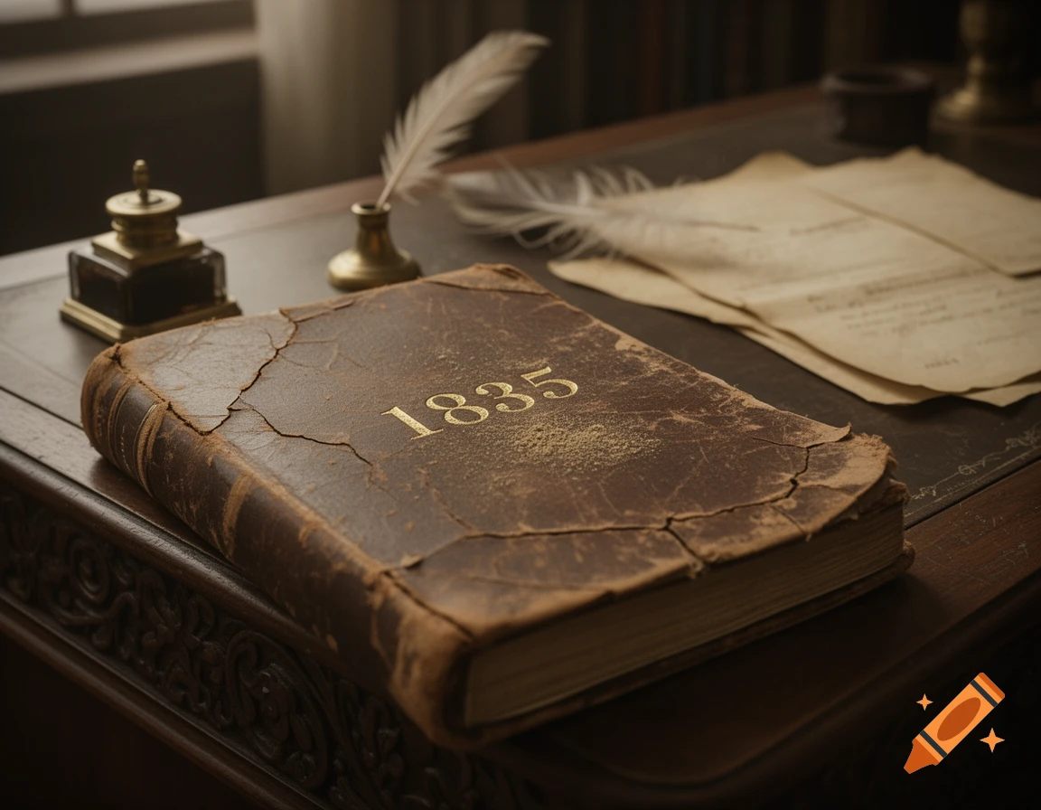 A close-up of an old, cracked leather-bound book with '1835' embossed in gold on its cover, on a wooden desk with a quill and papers.