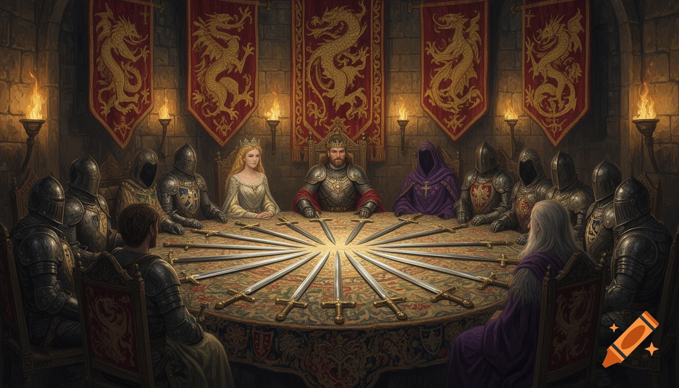 King Arthur, Queen Guinevere, and Merlin sit at a round table with armored knights and swords. Red and gold dragon banners hang in a stone room with torchlight.
