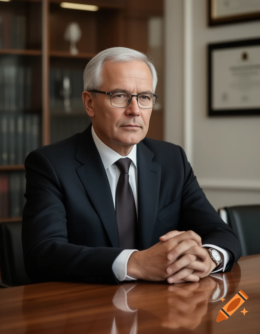 Photorealistic portrait of a serious older man with grey hair and glasses, wearing a dark suit, sitting at a wooden desk with his hands clasped.