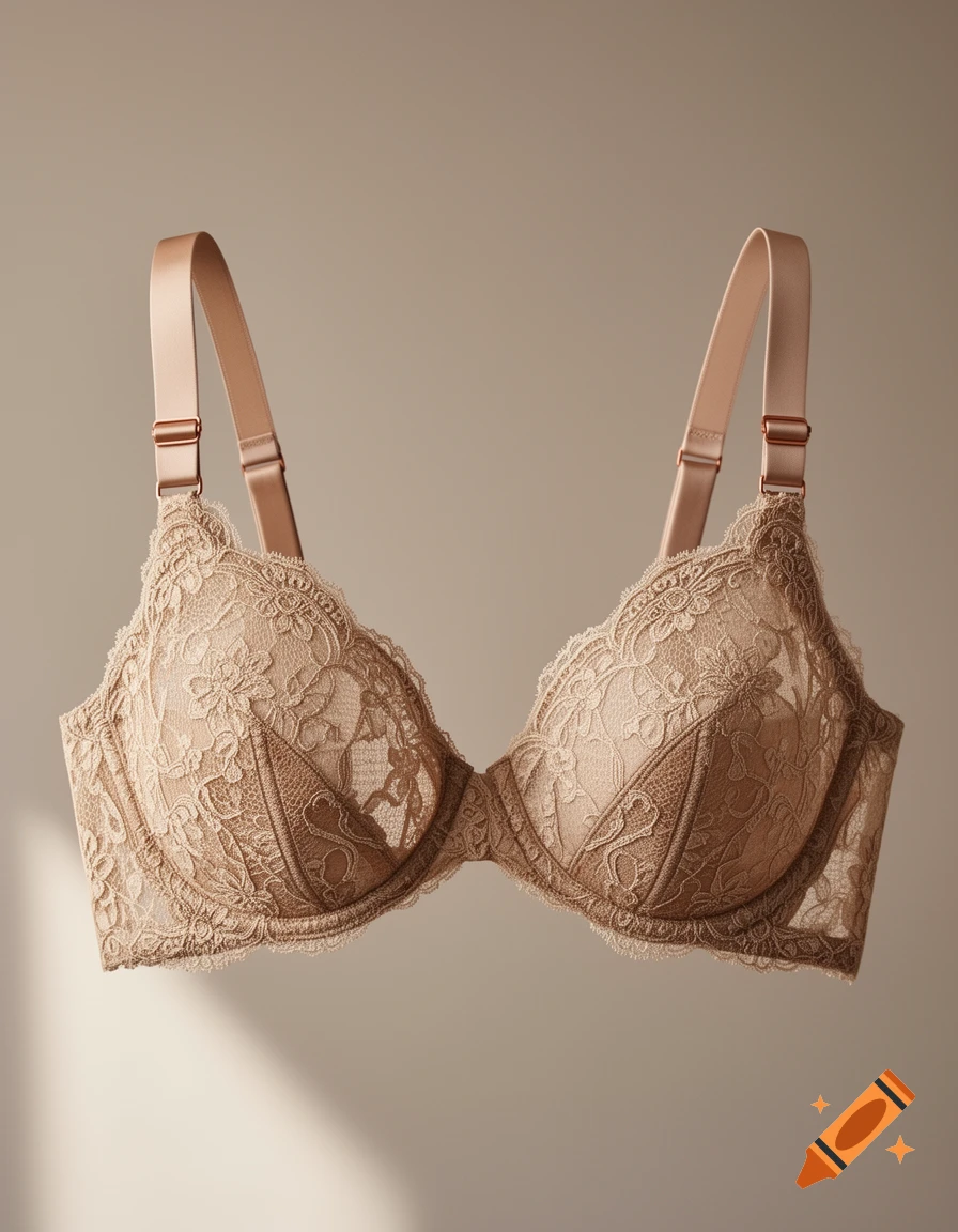 A beige lace bra with satin straps against a neutral background.