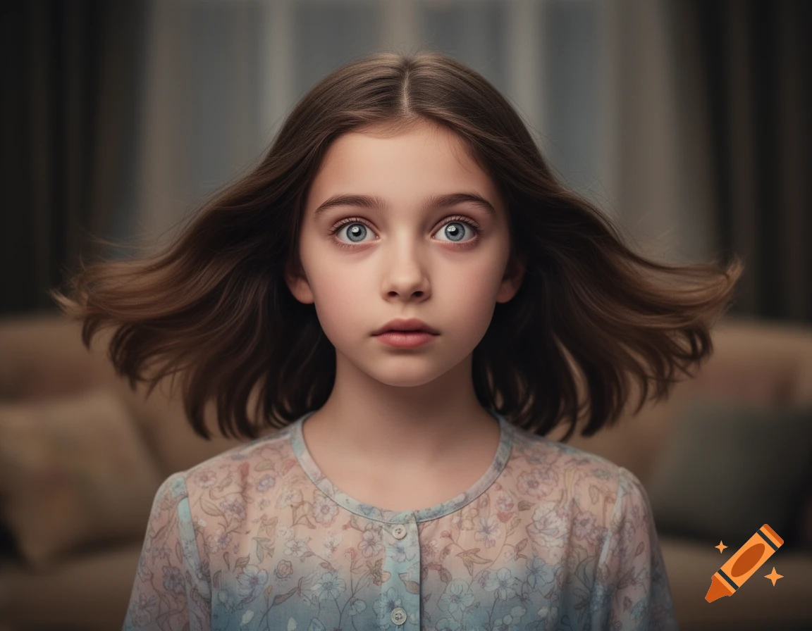 Photorealistic portrait of a young girl with wide blue eyes, light brown hair, and a floral shirt, looking forward.