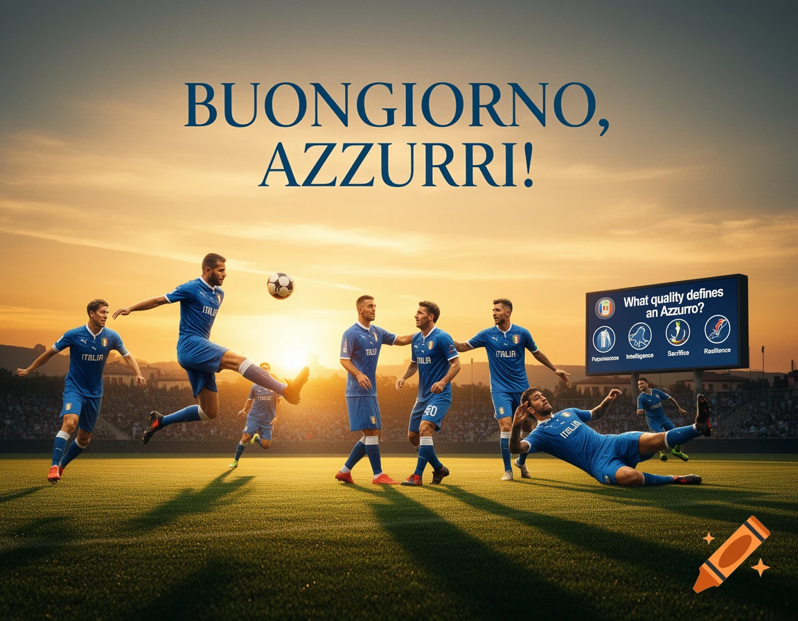 Photorealistic image of Italian soccer players on a field at sunset, with "BUONGIORNO, AZZURRI!" text in the sky.